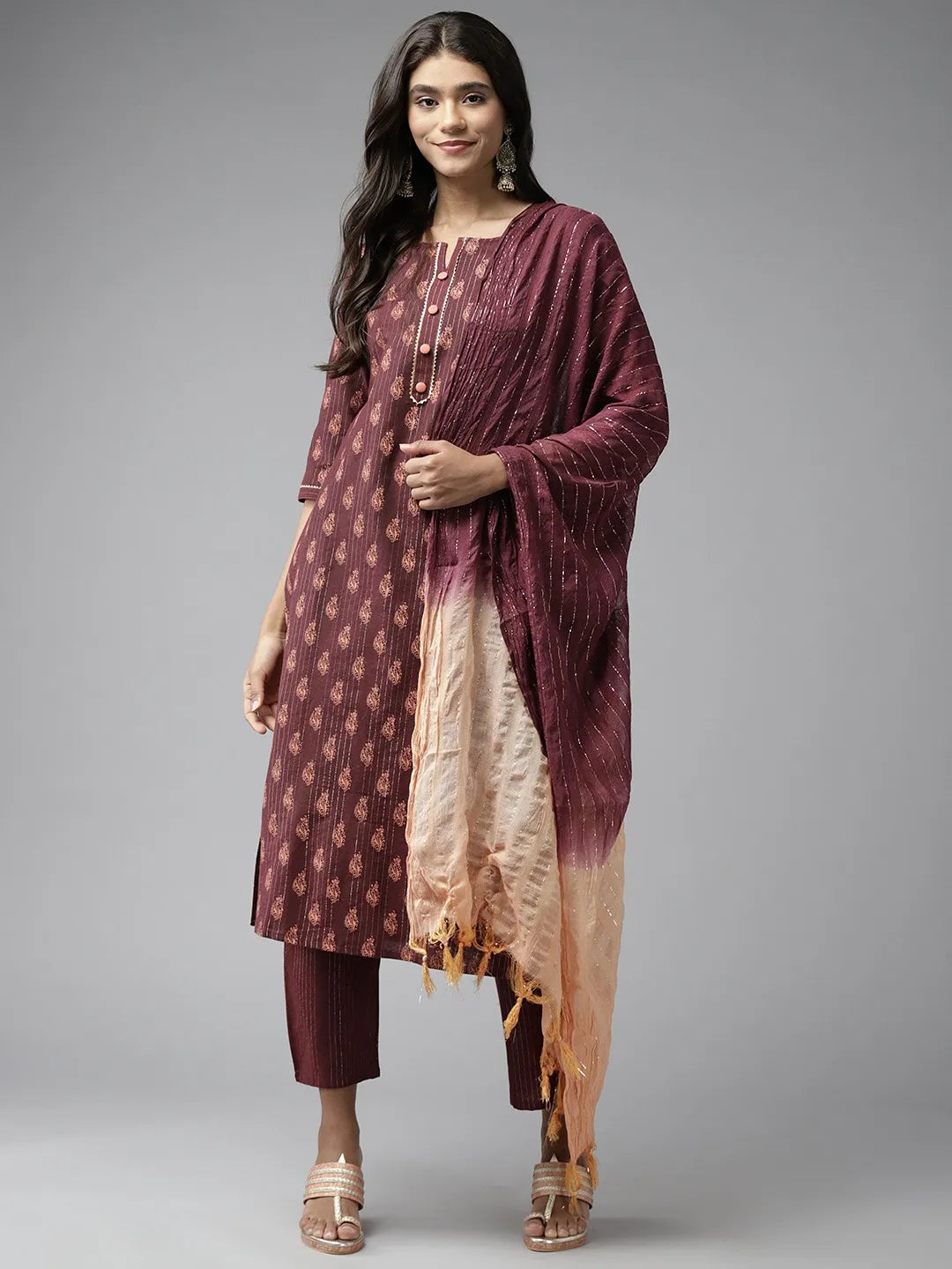 Burgundy Printed Gotta Patti Dupatta Set