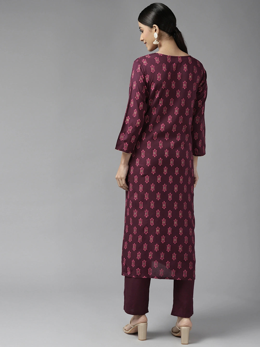 Burgundy Printed Kurta Set-Yufta Store-9743SETBUGS