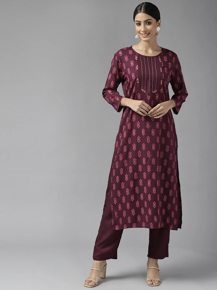 Burgundy Printed Kurta Set-Yufta Store-9743SETBUGS