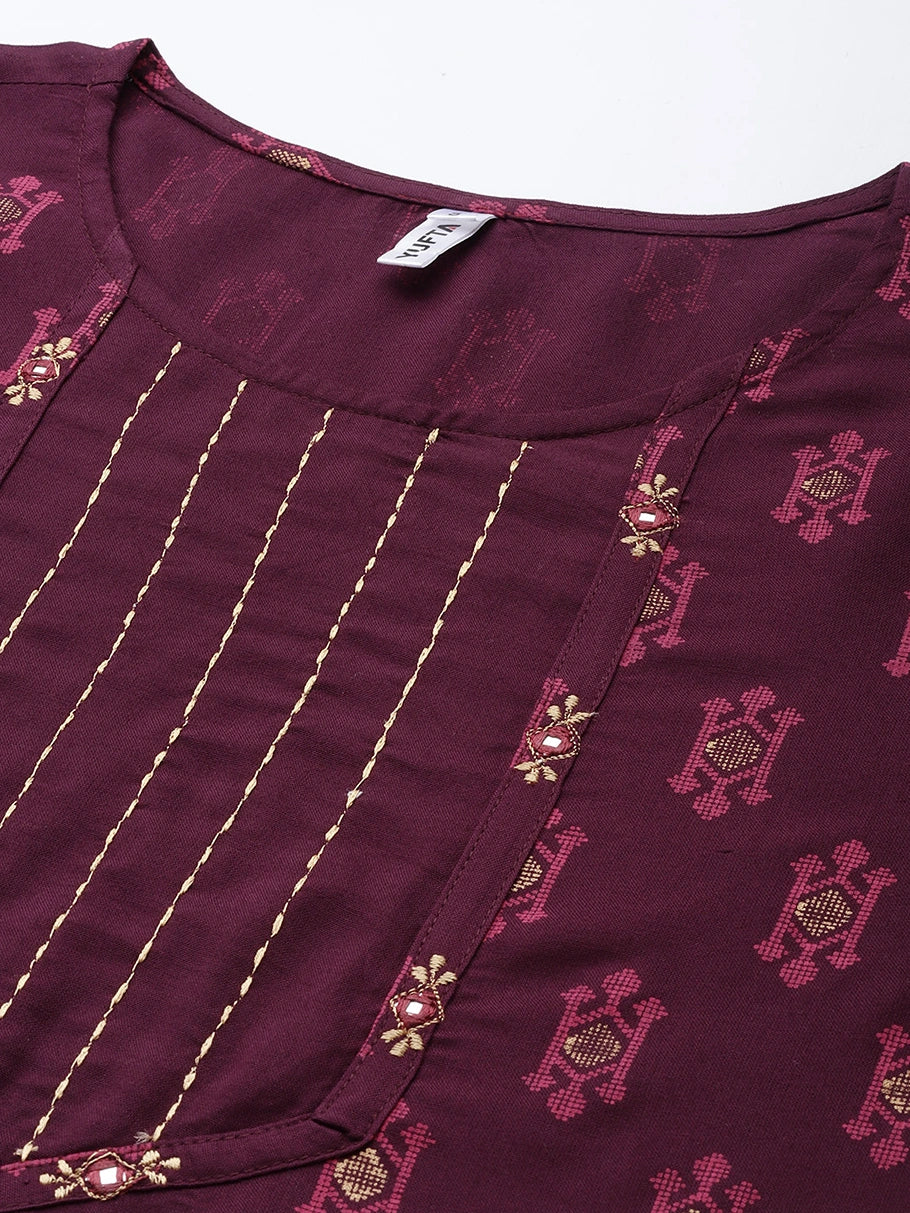 Burgundy Printed Kurta Set-Yufta Store-9743SETBUGS