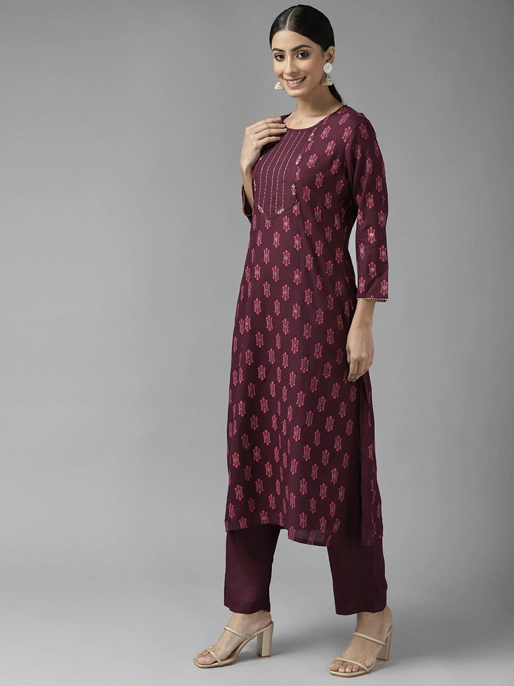 Burgundy Printed Kurta Set-Yufta Store-9743SETBUGS