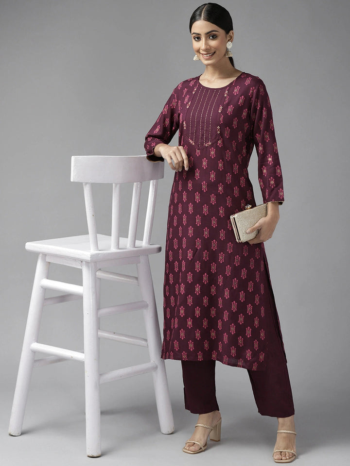 Burgundy Printed Kurta Set-Yufta Store-9743SETBUGS