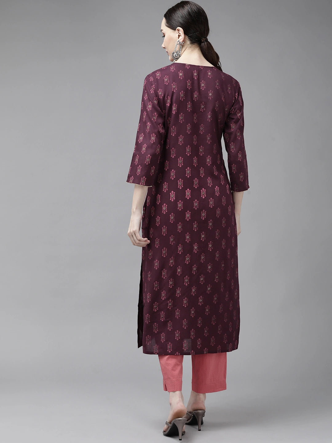 Burgundy Printed Thread Work Kurta-Yufta Store-9743KURBUGS