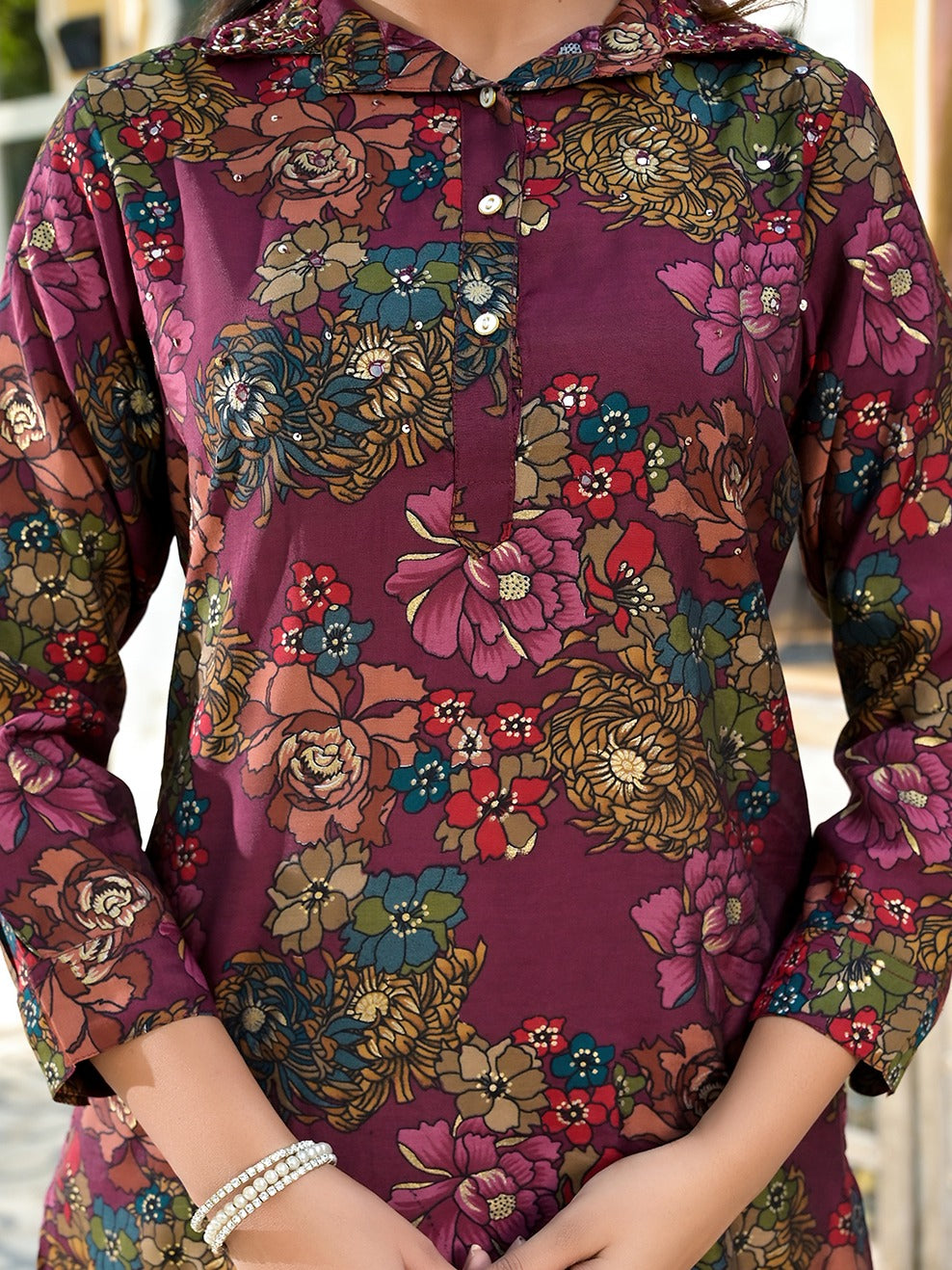 Burgundy Silk blend Floral Print Co-ord set-Yufta Store-1826CRDBUGM
