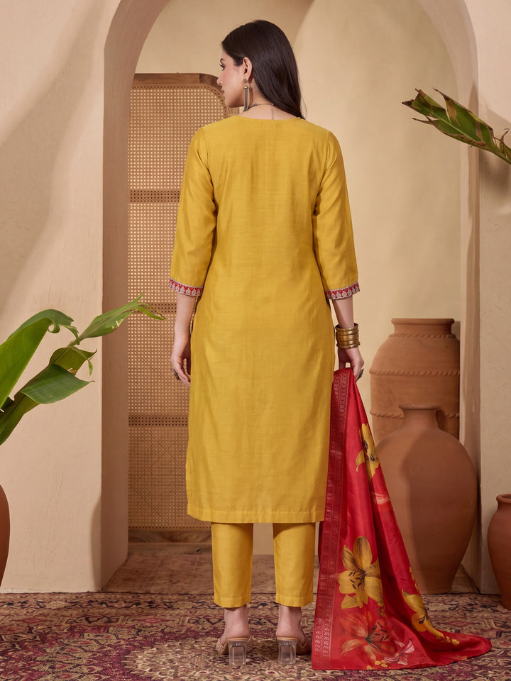 Yellow Chanderi A-Line Dori-Embroidery Kurta Set With Pant And Dupatta