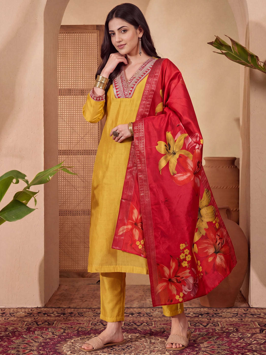 Yellow Chanderi A-Line Dori-Embroidery Kurta Set With Pant And Dupatta