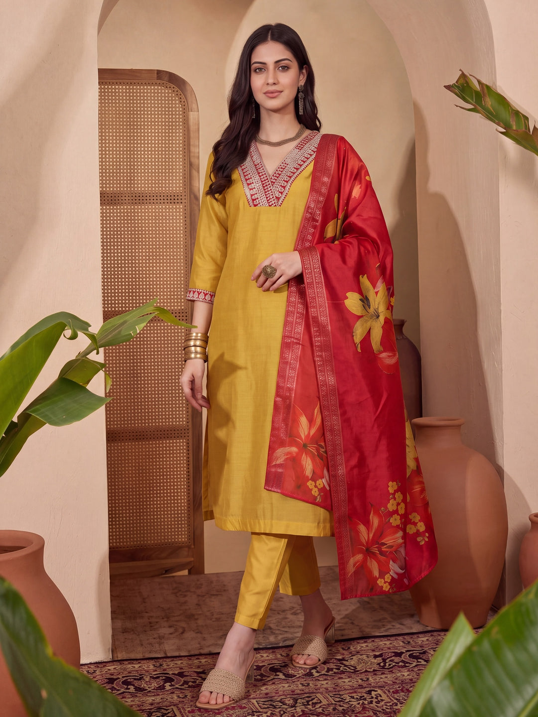 Yellow Chanderi A-Line Dori-Embroidery Kurta Set With Pant And Dupatta