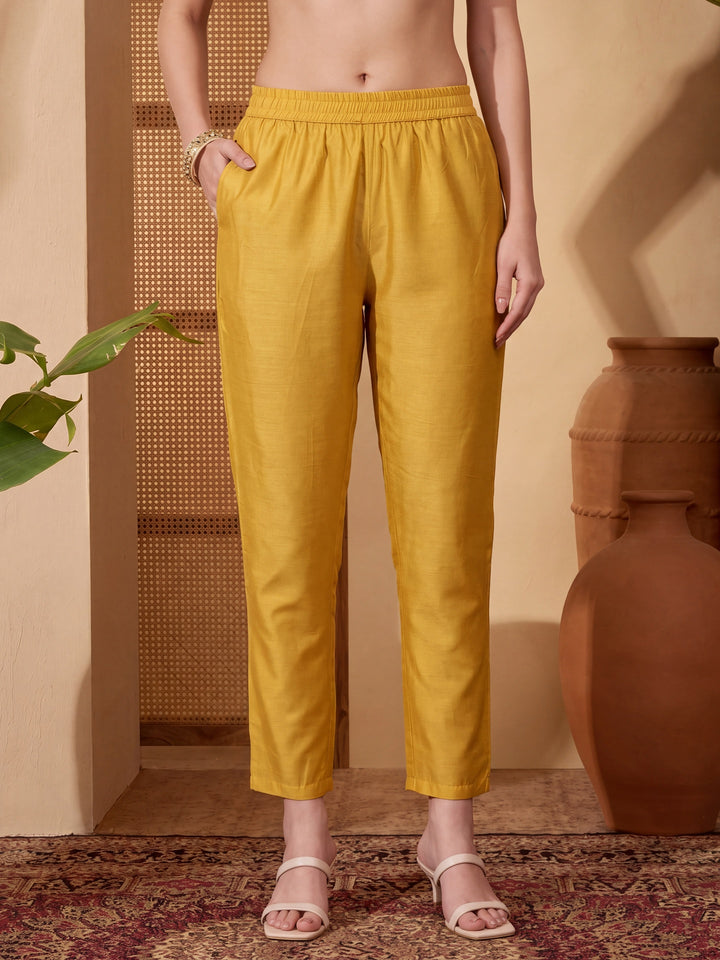 Yellow Chanderi A-Line Dori-Embroidery Kurta Set With Pant And Dupatta