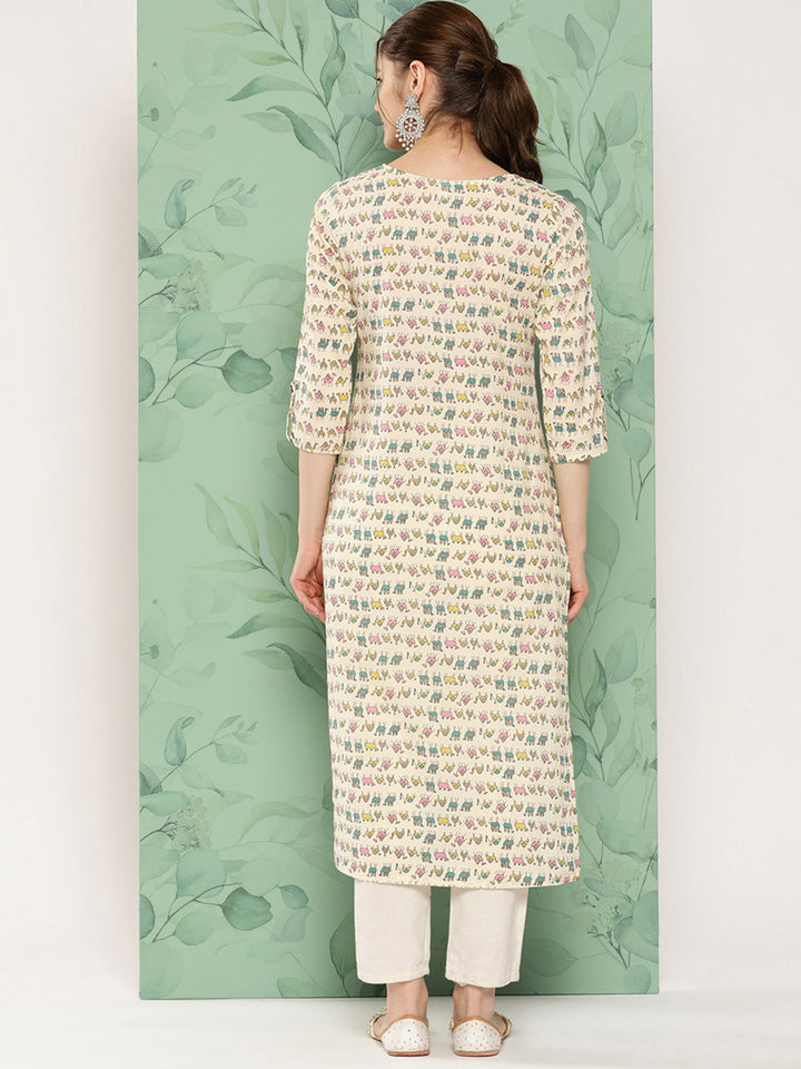 Camel Printed Cotton Straight Kurta-Yufta Store-1170KURBGM