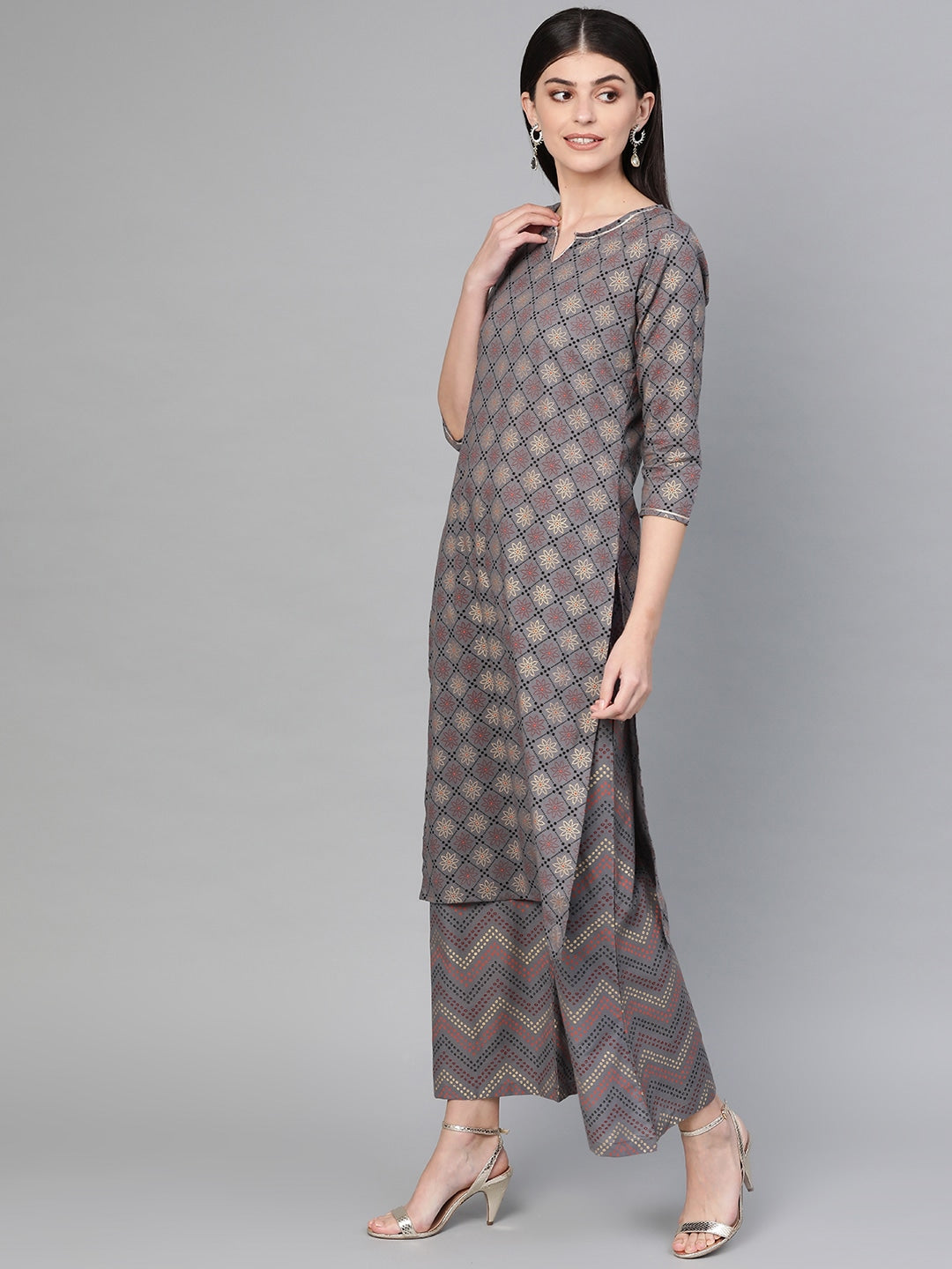 Charcoal & Golden Printed Kurta Set-Yufta Store-7103SETGYS