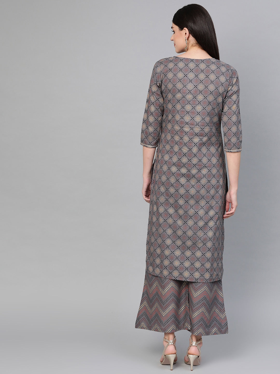 Charcoal & Golden Printed Kurta Set-Yufta Store-7103SETGYS