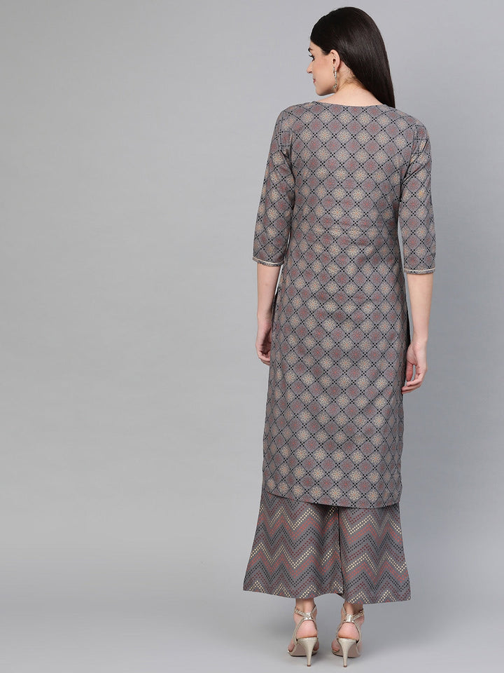 Charcoal & Golden Printed Kurta Set-Yufta Store-7103SETGYS