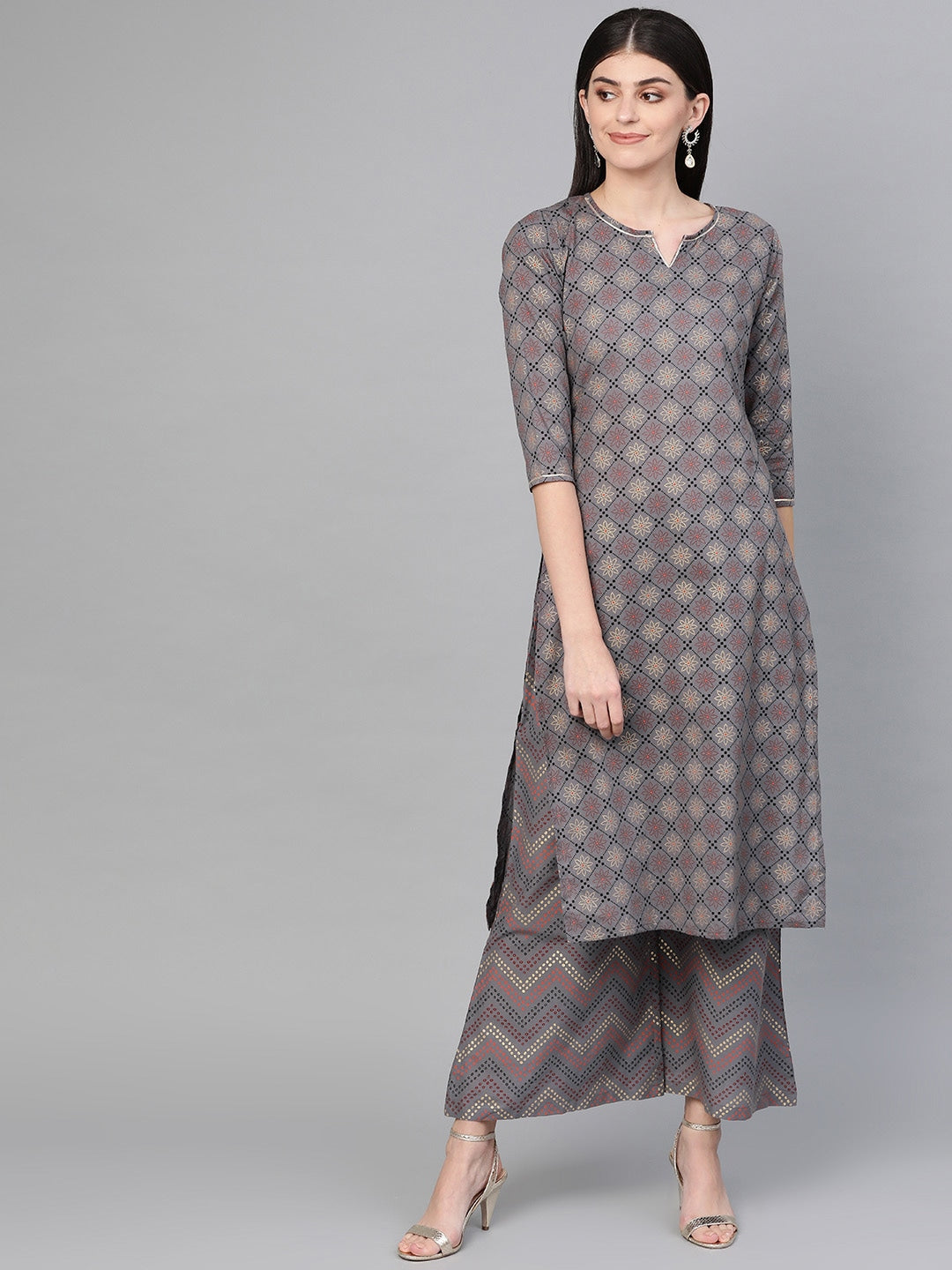 Charcoal & Golden Printed Kurta Set-Yufta Store-7103SETGYS