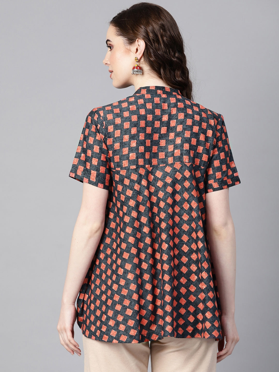 Charcoal Grey & Rust Orange Printed Tunic-Yufta Store-YUFPJTU884BLKS