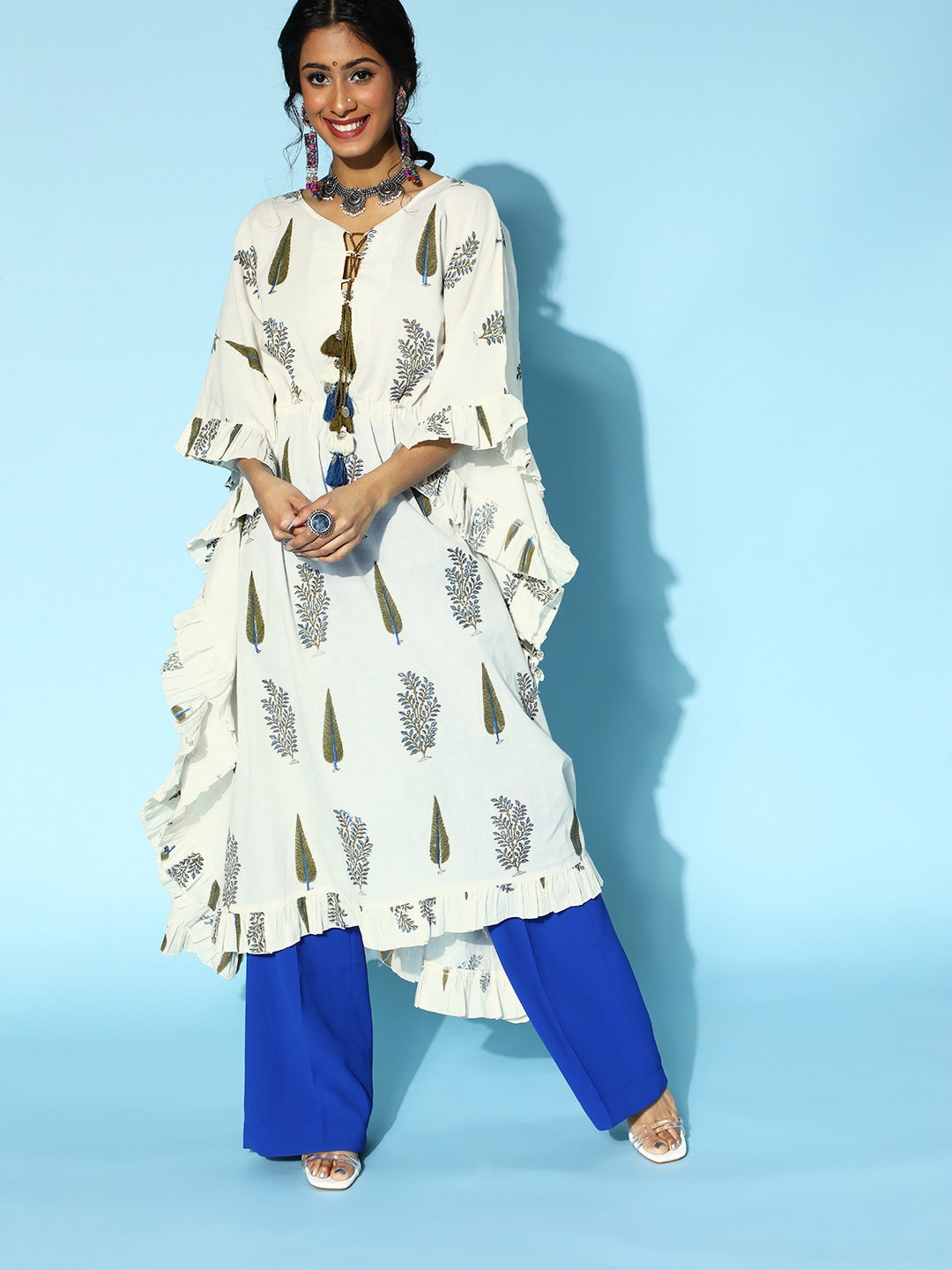 Classic White Printed Kaftan Kurta-Yufta Store-9541KFTWHS