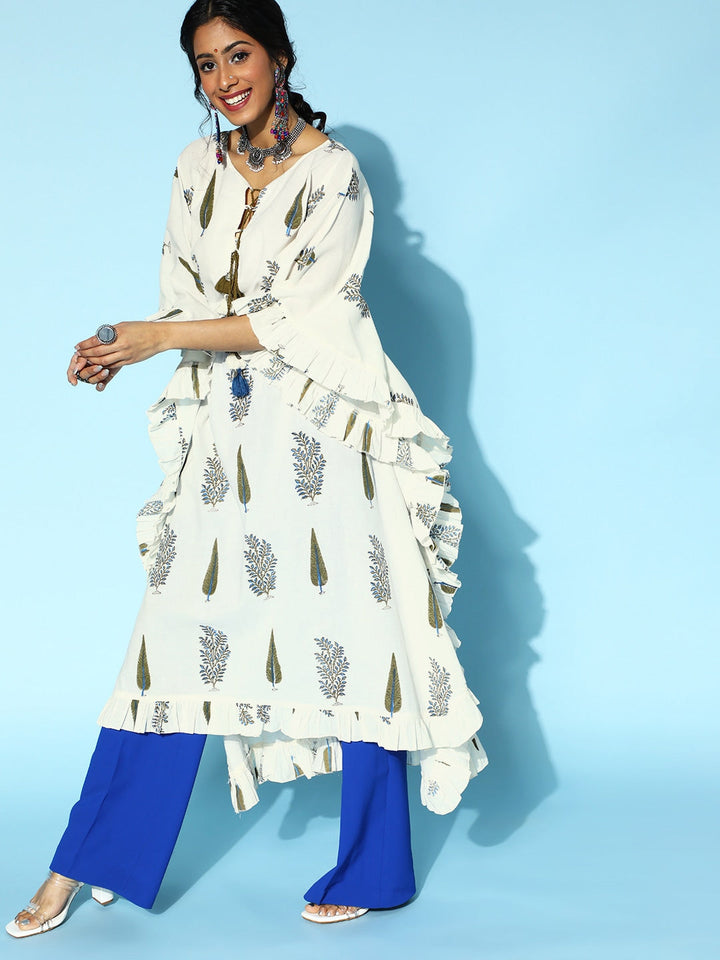 Classic White Printed Kaftan Kurta-Yufta Store-9541KFTWHS