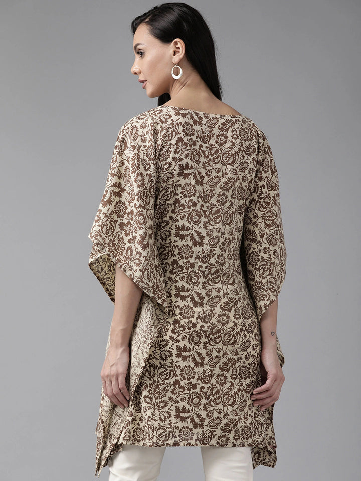 Coffee Brown & Beige Floral Printed Kaftan-Yufta Store-9294KFTBRS