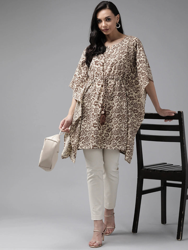 Coffee Brown & Beige Floral Printed Kaftan