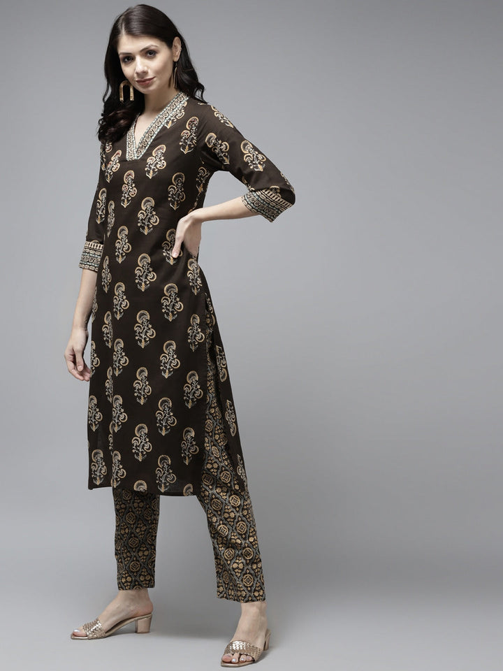 Coffee Brown Ethnic Motifs Printed Dupatta Set-Yufta Store-9695SKDBRS