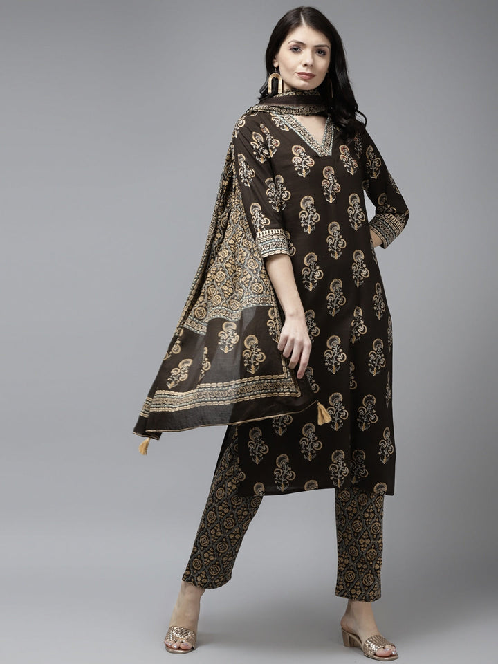 Coffee Brown Ethnic Motifs Printed Dupatta Set-Yufta Store-9695SKDBRS