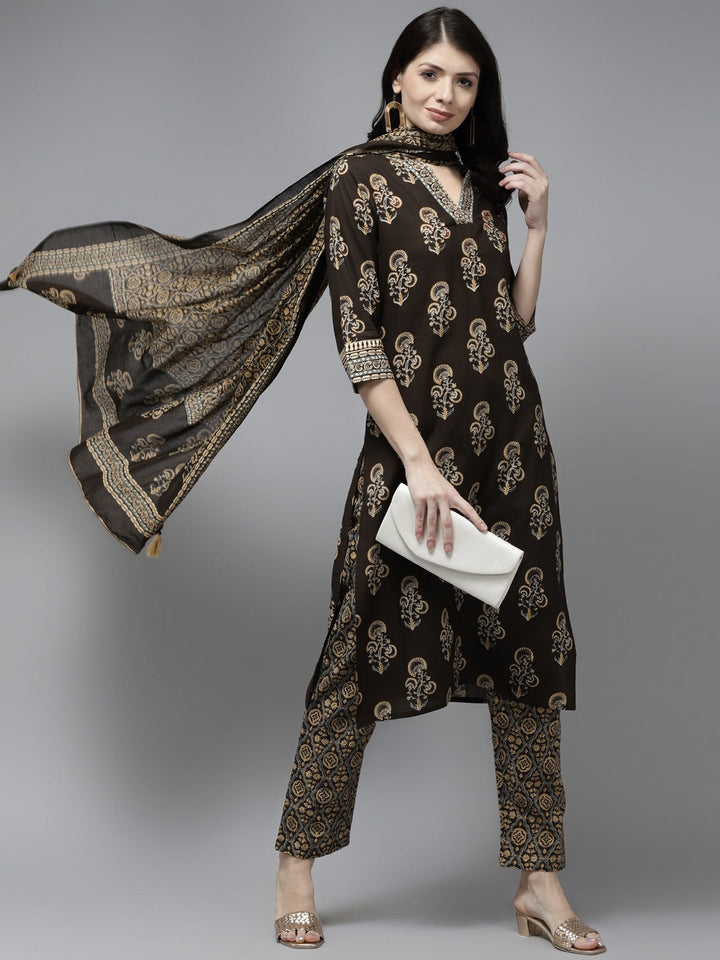 Coffee Brown Ethnic Motifs Printed Dupatta Set-Yufta Store-9695SKDBRS