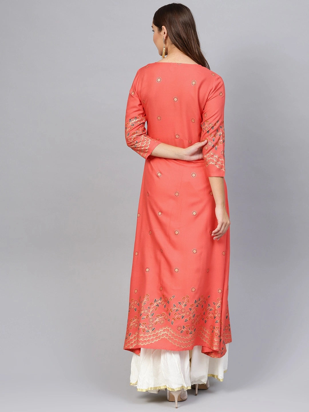 Coral & Golden A-Line Kurta-Yufta Store-2604KURPCS