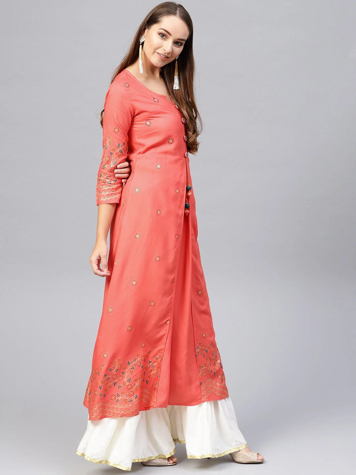 Coral & Golden A-Line Kurta-Yufta Store-2604KURPCS