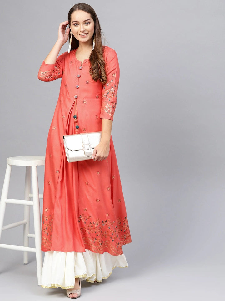 Coral & Golden A-Line Kurta-Yufta Store-2604KURPCS