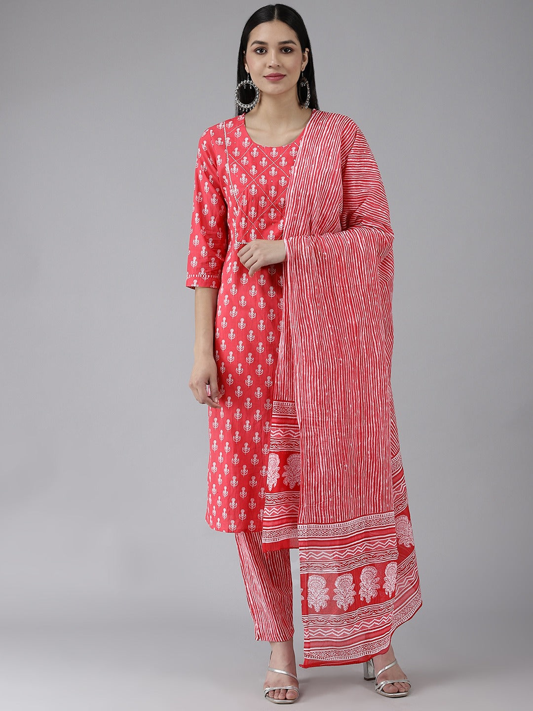 Coral Pink Dupatta Set-Yufta Store-4784SKDPKM