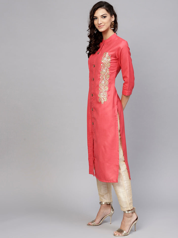 Coral Pink Straight Kurta-Yufta Store-YUFNKU1755S