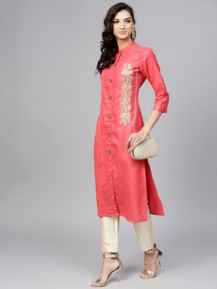 Coral Pink Straight Kurta-Yufta Store-YUFNKU1755S