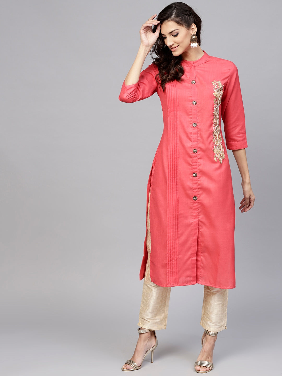 Coral Pink Straight Kurta-Yufta Store-YUFNKU1755S