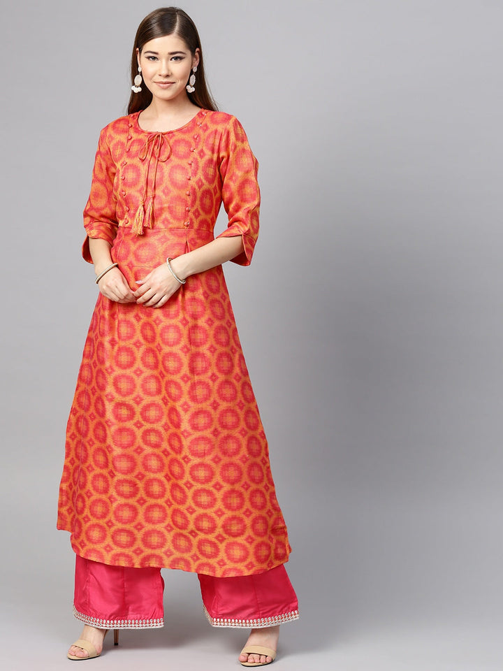 Coral Pink & Yellow A-Line Kurta-Yufta Store-YUFNKU1959PCHS