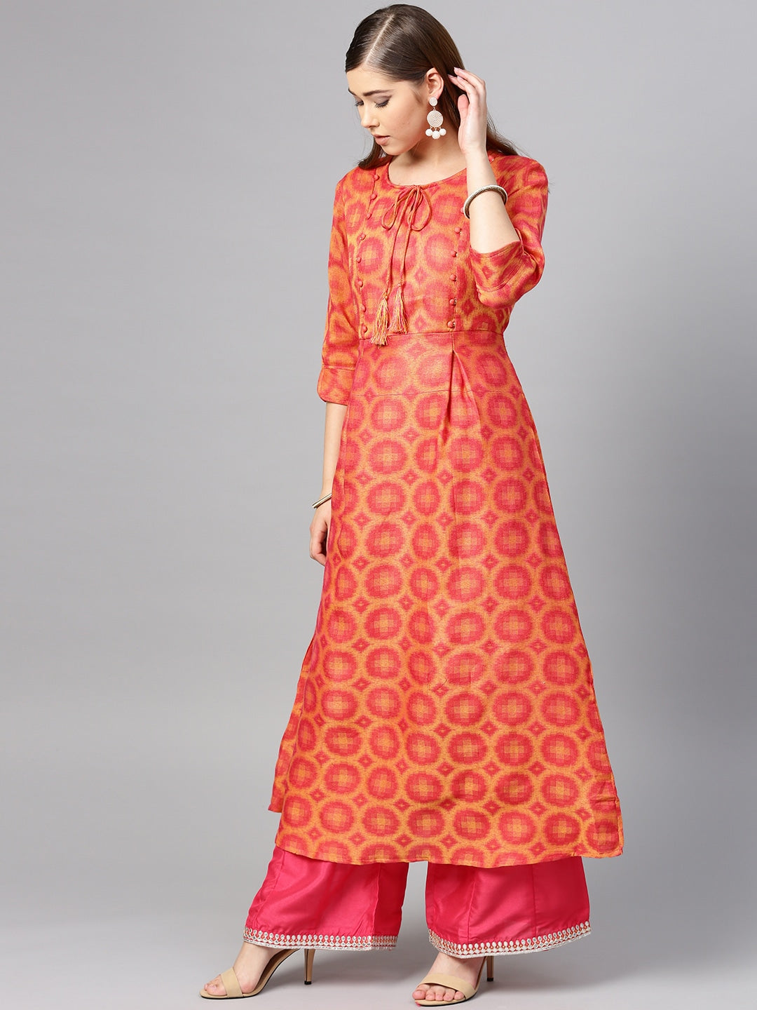 Coral Pink & Yellow A-Line Kurta-Yufta Store-YUFNKU1959PCHS