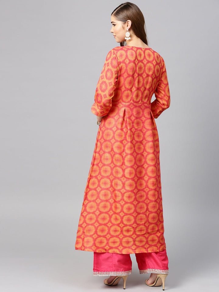 Coral Pink & Yellow A-Line Kurta-Yufta Store-YUFNKU1959PCHS