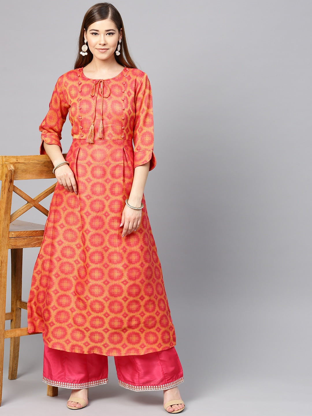 Coral Pink & Yellow A-Line Kurta-Yufta Store-YUFNKU1959PCHS