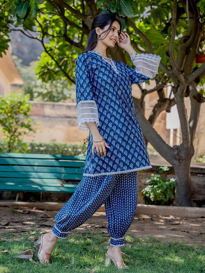 Cotton Blue Top Harem Pant Co-Ord Set-Yufta Store-1473CRDBLS