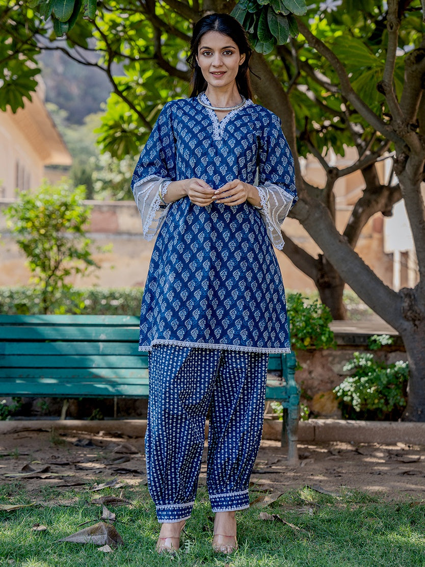 Cotton Blue Top Harem Pant Co-Ord Set-Yufta Store-1473CRDBLS