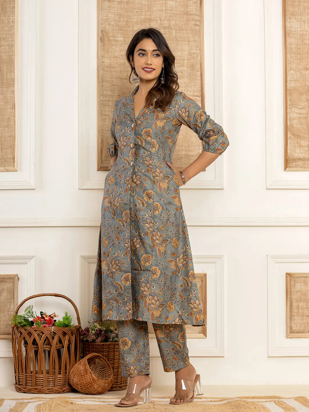 Cotton Grey Kurta And Trousers Set-Yufta Store-1522SETGYS