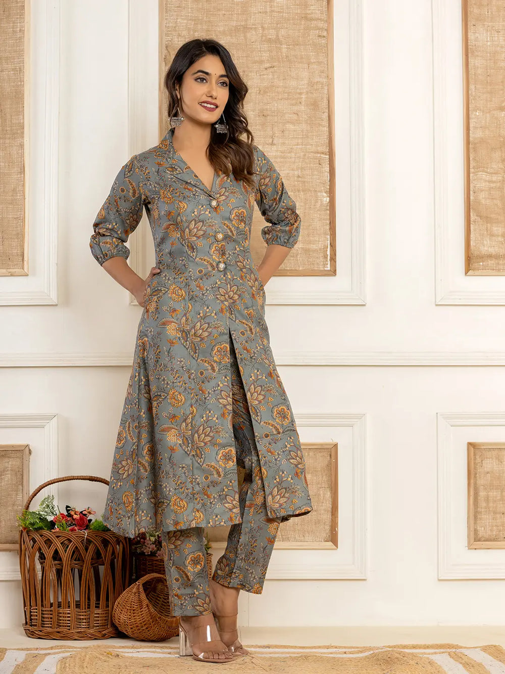 Cotton Grey Kurta And Trousers Set-Yufta Store-1522SETGYS