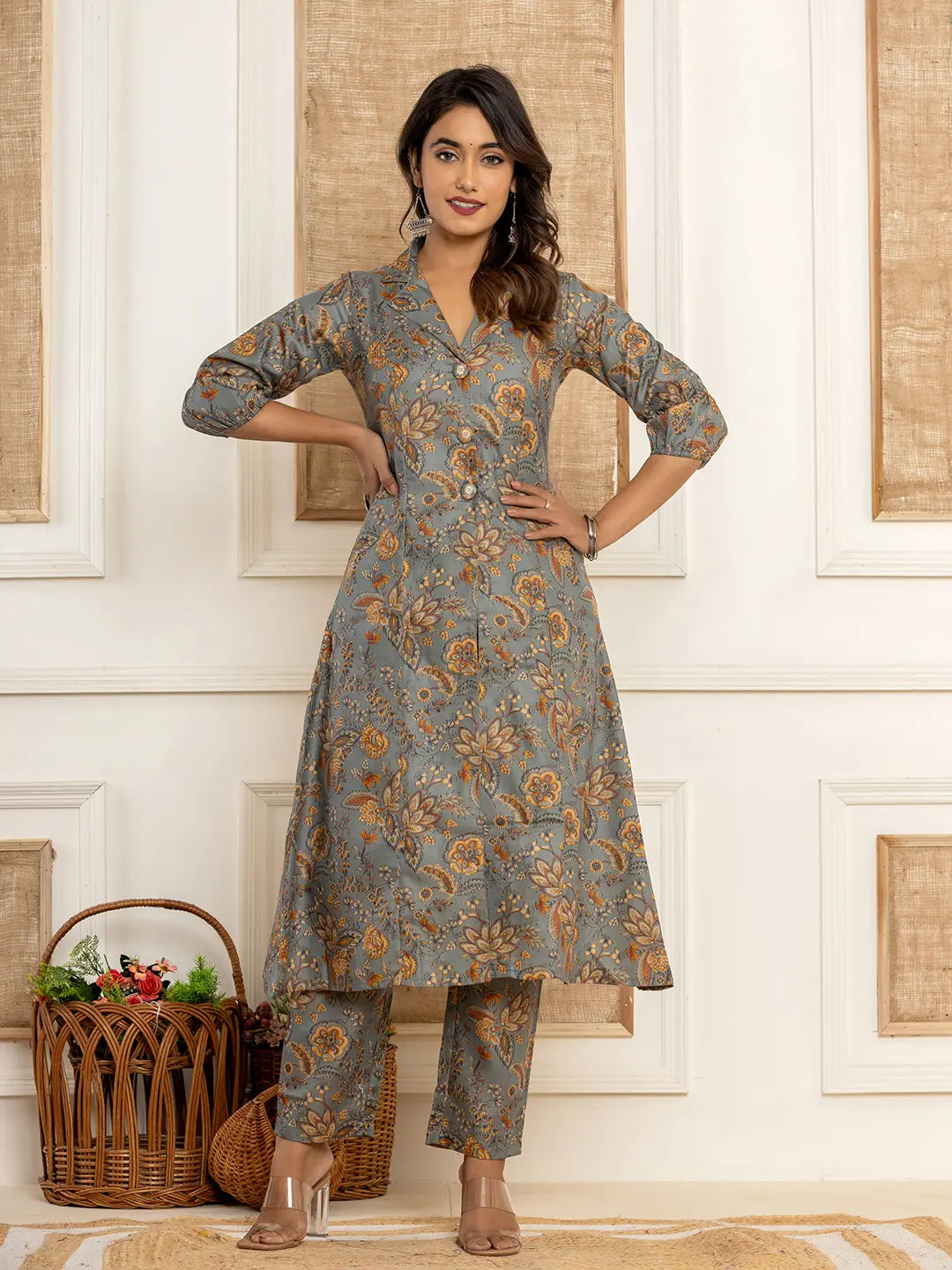 Cotton Grey Kurta And Trousers Set-Yufta Store-1522SETGYS