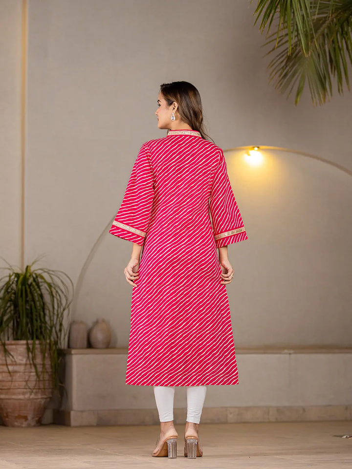 Cotton Hot Pink Leheriya Kurta-Yufta Store-6965KURHPS