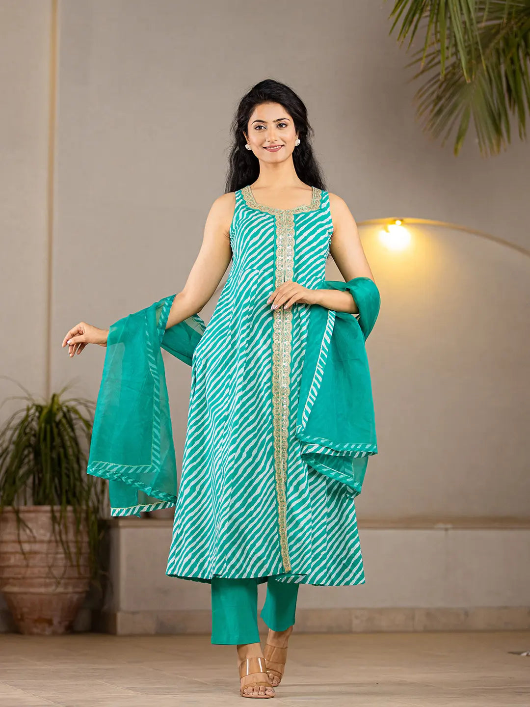 Ishin Women's Sea Green & White Embroidered Anarkali Kurta Set - 3-Piece With Dupatta & Trousers, Small