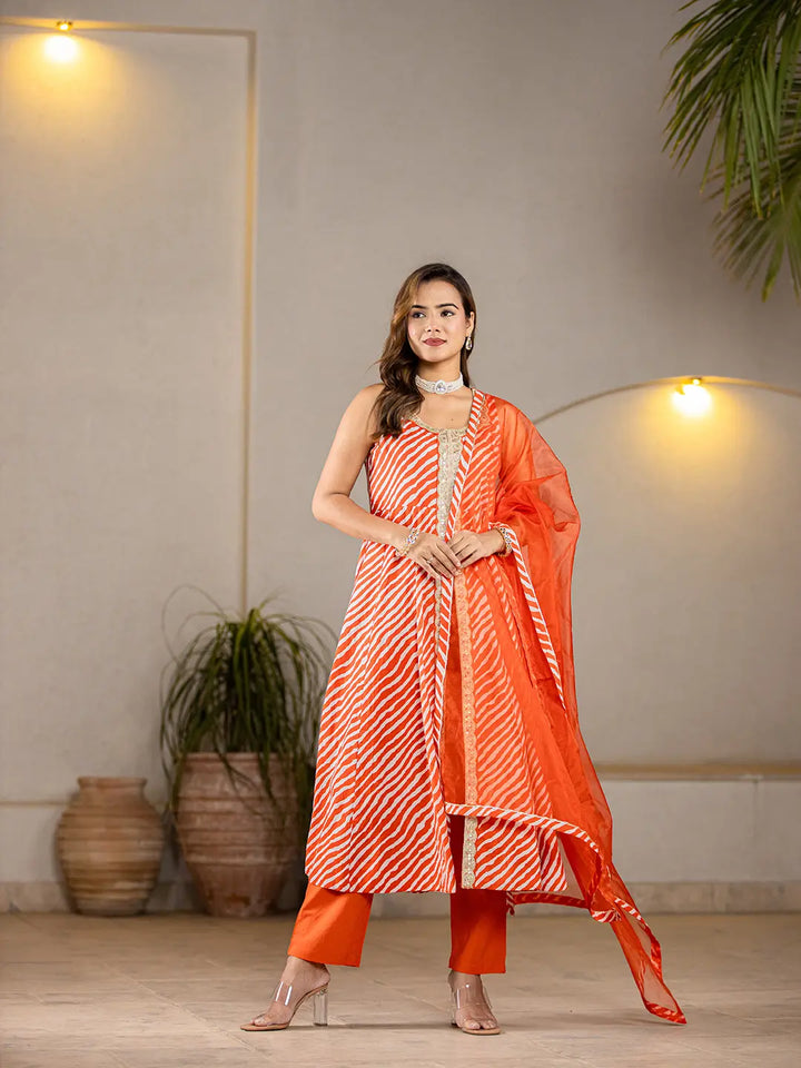 Cotton Leheriya Orange Kurta Dupatta Set-Yufta Store-6980SKDORS