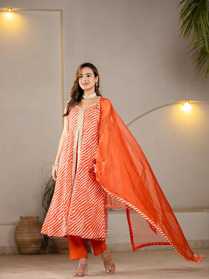 Cotton Leheriya Orange Kurta Dupatta Set-Yufta Store-6980SKDORS