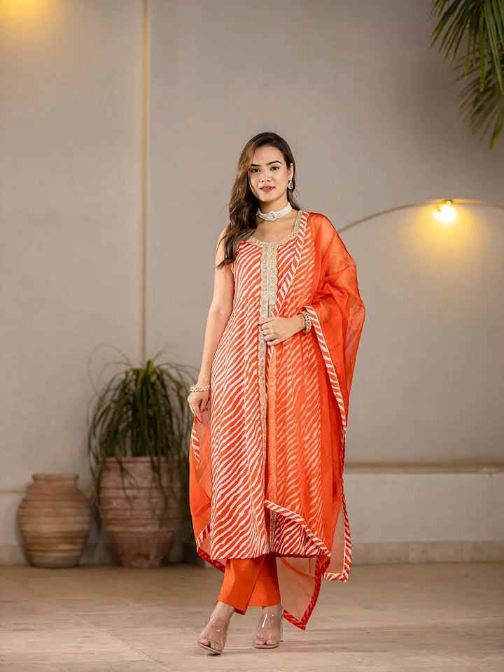 Cotton Leheriya Orange Kurta Dupatta Set-Yufta Store-6980SKDORS