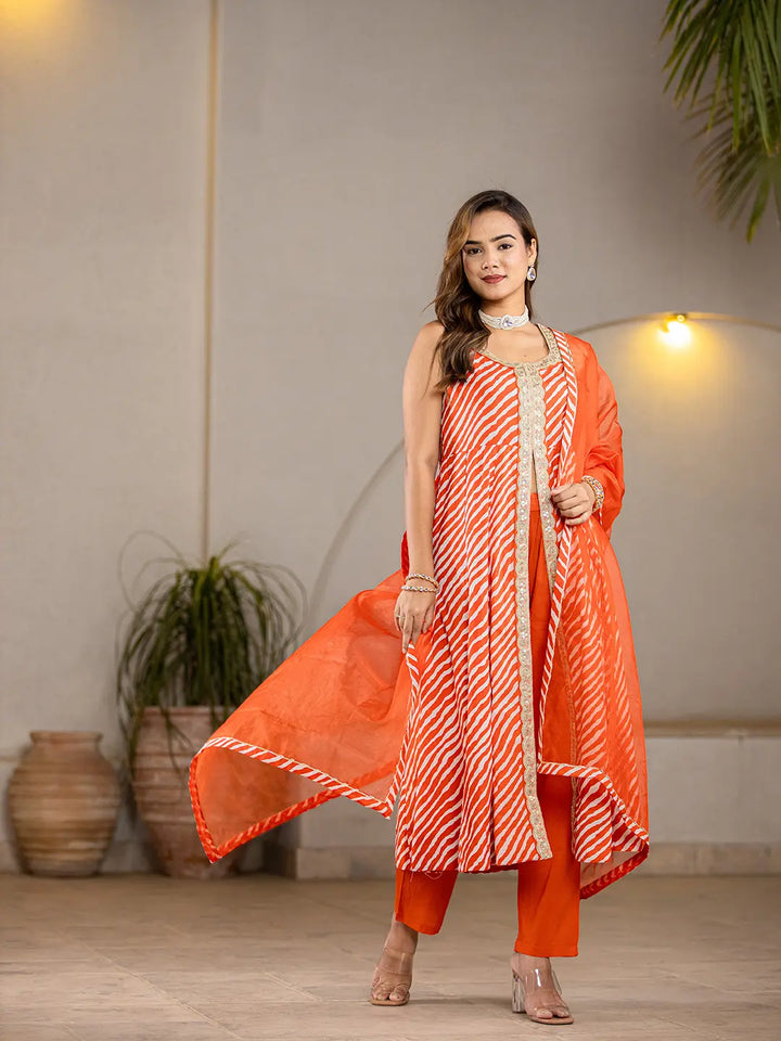 Cotton Leheriya Orange Kurta Dupatta Set-Yufta Store-6980SKDORS