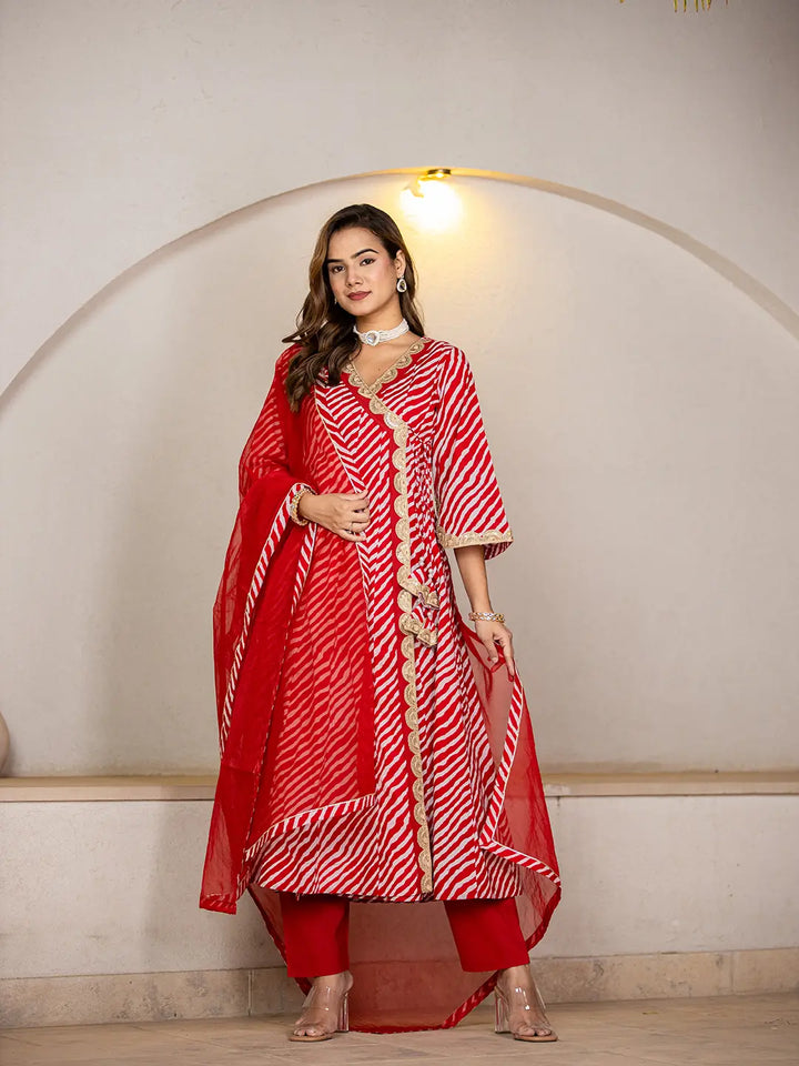 Cotton Leheriya Red Kurta Dupatta Pant Set-Yufta Store-6979SKDRDS