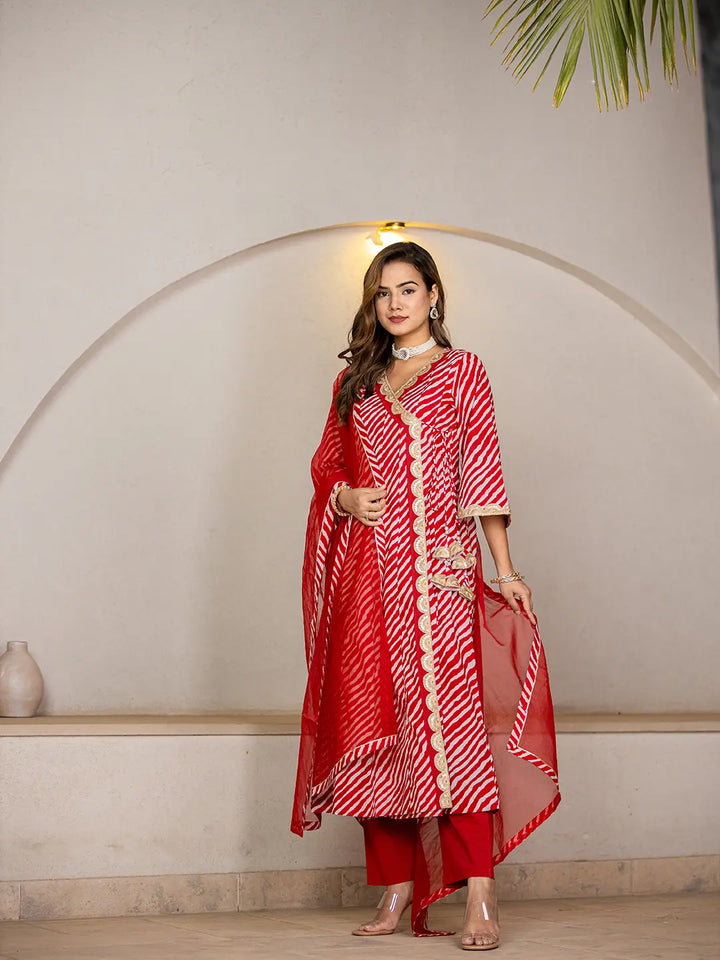 Cotton Leheriya Red Kurta Dupatta Pant Set-Yufta Store-6979SKDRDS