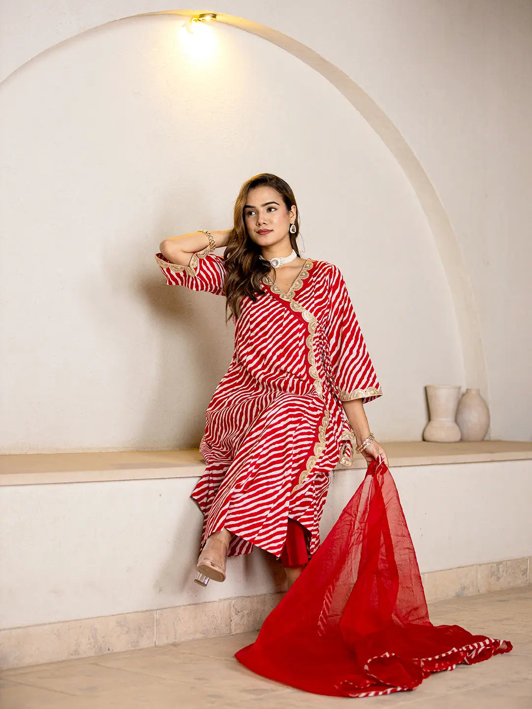 Cotton Leheriya Red Kurta Dupatta Pant Set-Yufta Store-6979SKDRDS